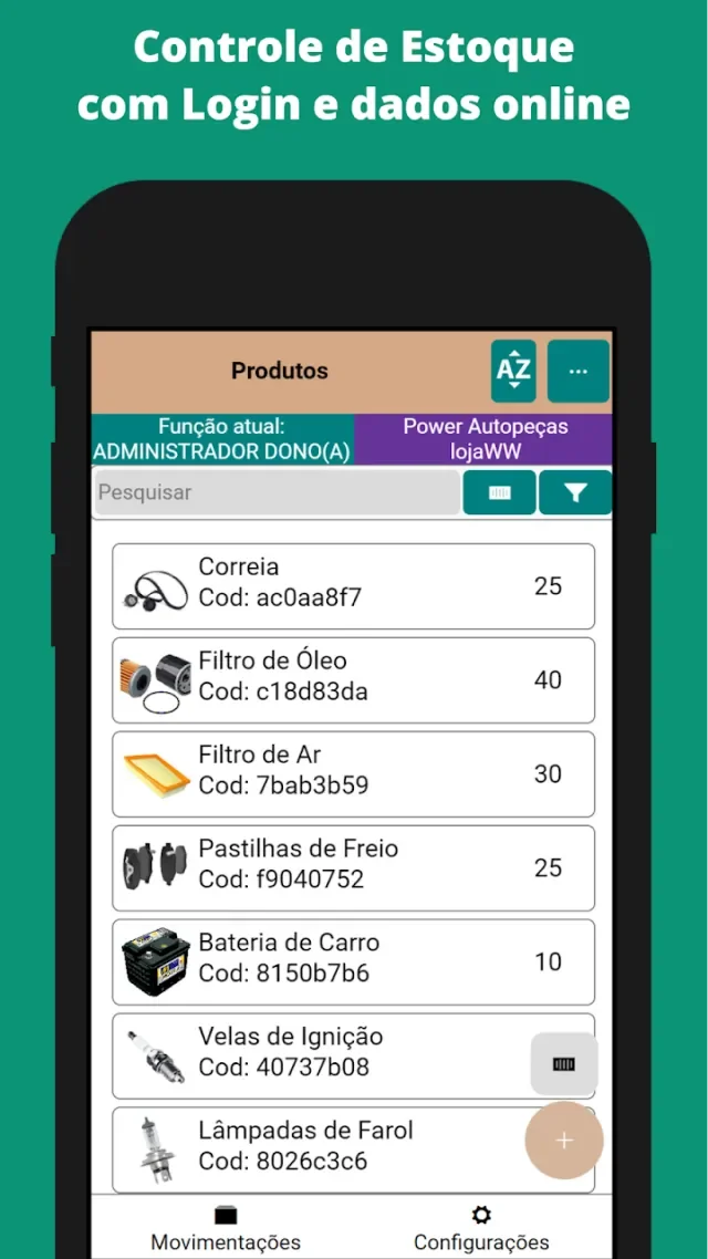Tela do aplicativo: produtos — lista com busca, quantidades e código de cada item