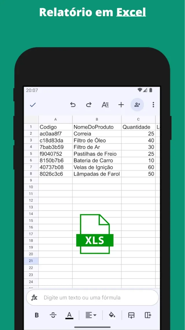 Tela do aplicativo: relatório em excel — contagem atual do estoque em planilha